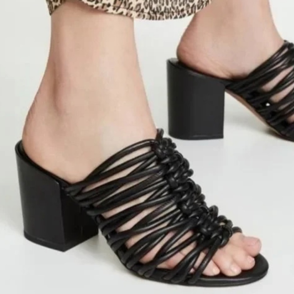 Rebecca Minkoff Black Strappy Block Heel Mules
